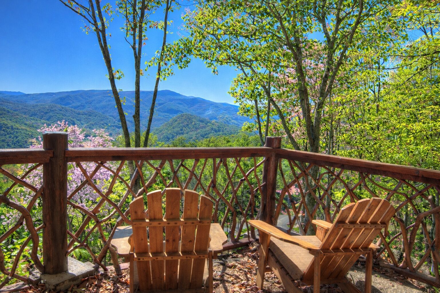 Relaxing forest balcony with Adirondack chairs