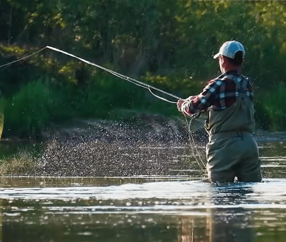 Angler casting line in water