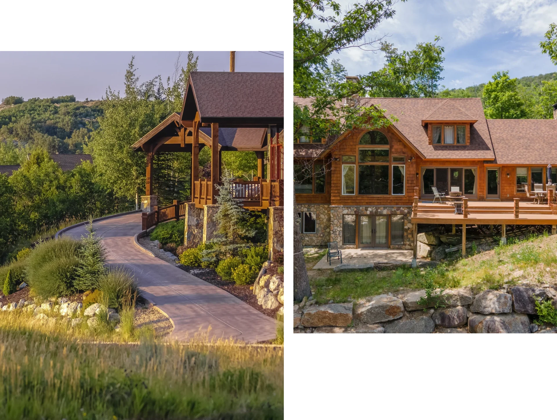 Two-story home with stone and wood elements